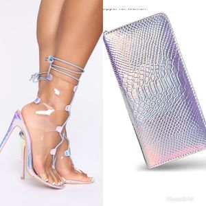 Purple Hologram Lace up Heels and Clutch